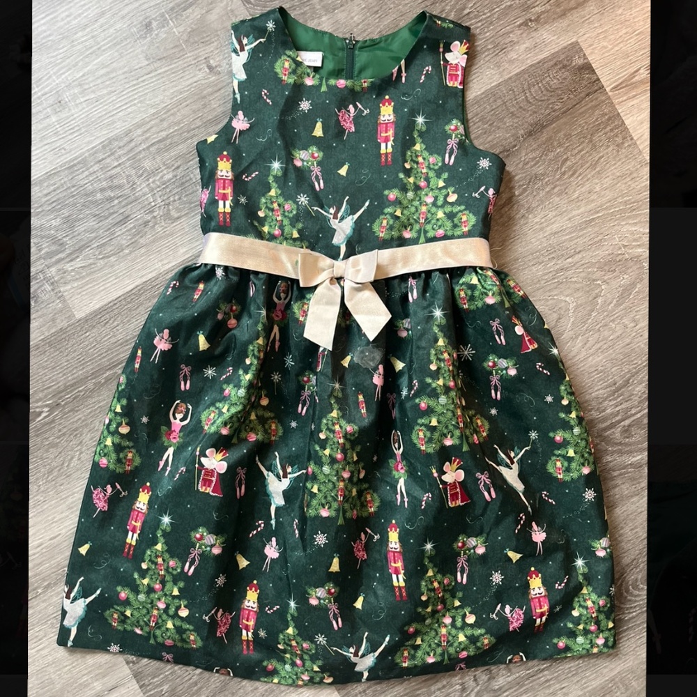 Bonnie Jean Green Nutcracker & Ballerina Holiday Dress with Gold Bow